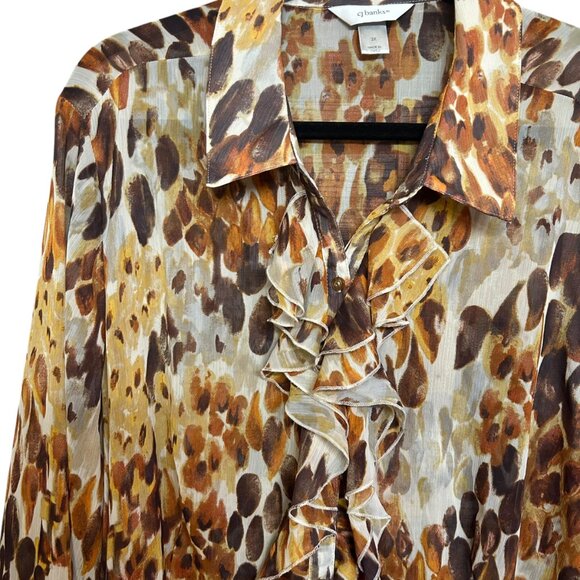 Cj Banks Brown Gold Ruffle Button Front Semi Sheer Blouse Plus Size 3X - Picture 2 of 5